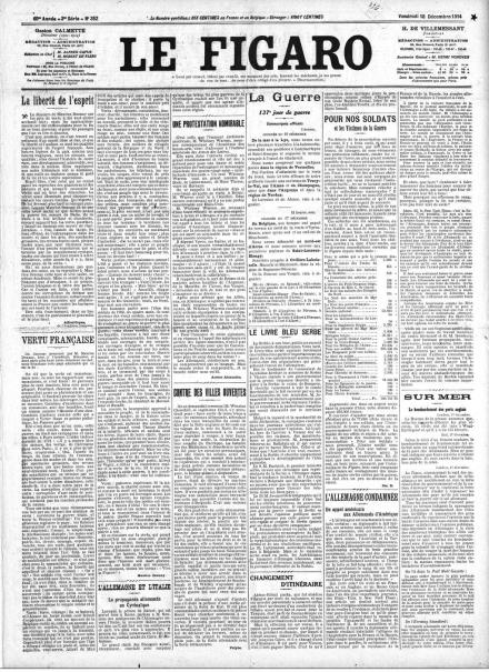 La prima pagina di Le Figaro del 18 dicembre 1914