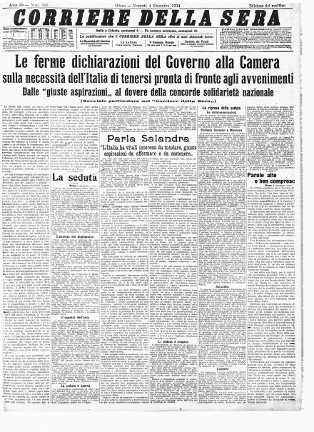 La prima pagina del Corriere della Sera del 5 dicembre 1914