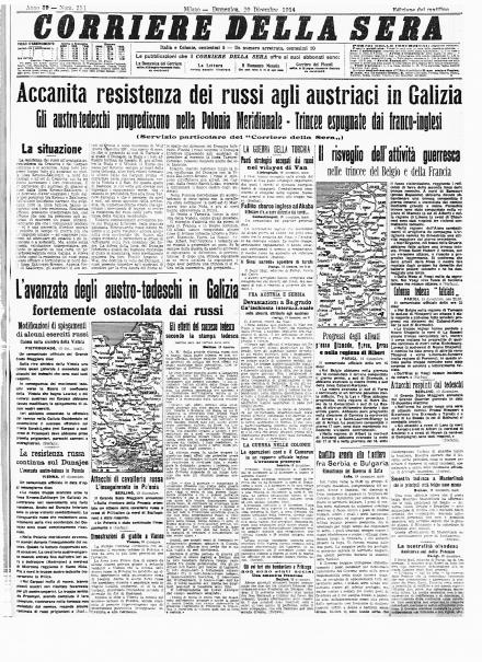 La prima pagina del Corriere della Sera 20 dicembre 1914