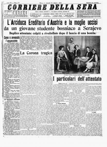 La prima pagina del Corriere della Sera del 29 giugno 1914