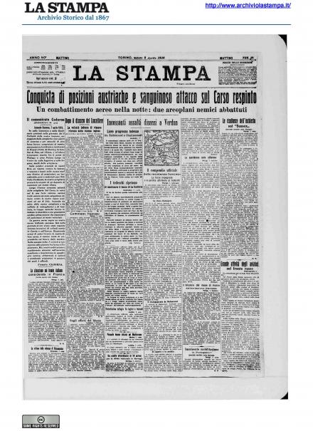La prima pagina de La Stampa dell'8 aprile 1916