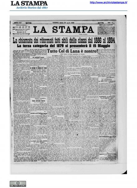 La prima pagina de La Stampa del 22 aprile 1916