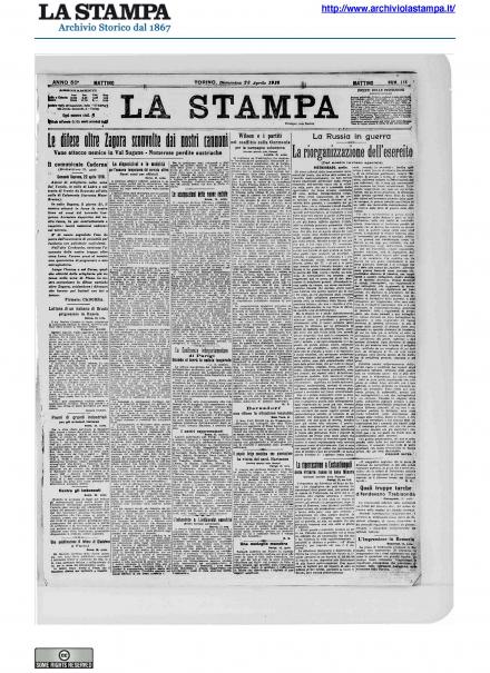 La prima pagina de La Stampa del 23 aprile 1916