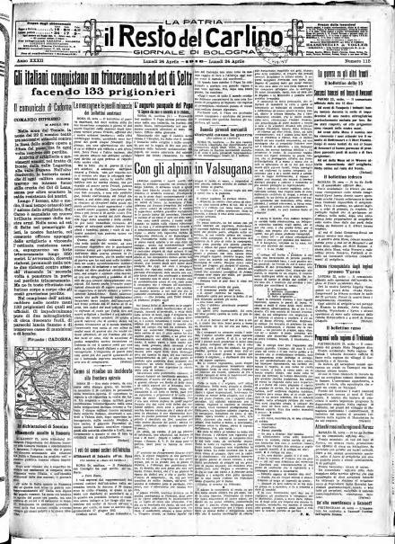 La prima pagina de Il Resto del Carlino del 24 aprile 1916
