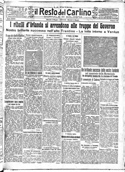 La prima pagina de Il Resto del Carlino del 2 maggio 1916