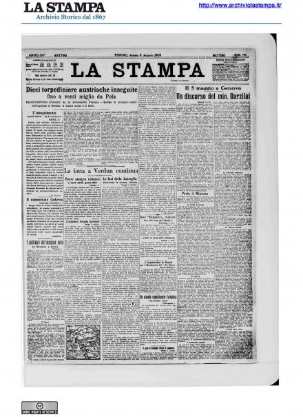 La prima pagina de La Stampa del 6 maggio 1916