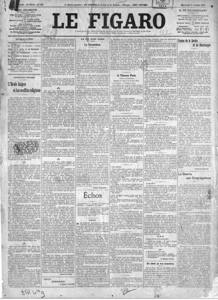 La prima pagina de Le Figaro dell'1 luglio 1914