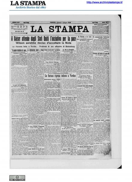 La prima pagina de La Stampa del 8 maggio 1916