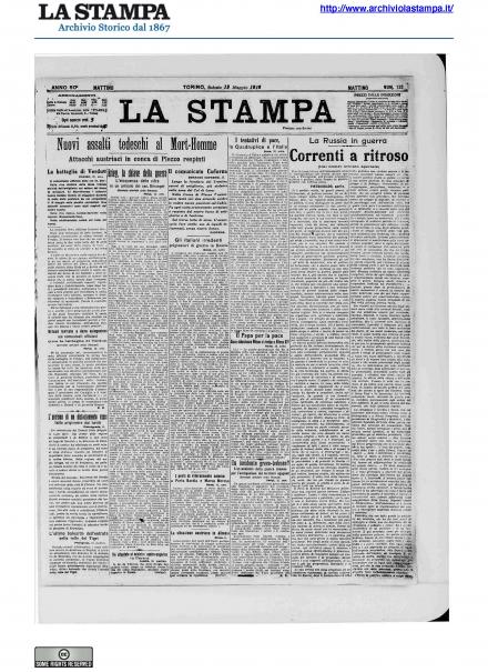 La prima pagina de La Stampa del 13 maggio 1916