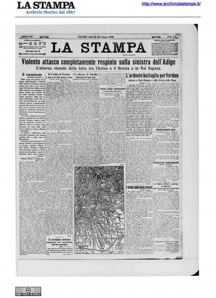 La prima pagina de La Stampa del 23 maggio 1916