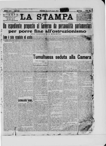 La prima pagina de La Stampa del 2 luglio 1914