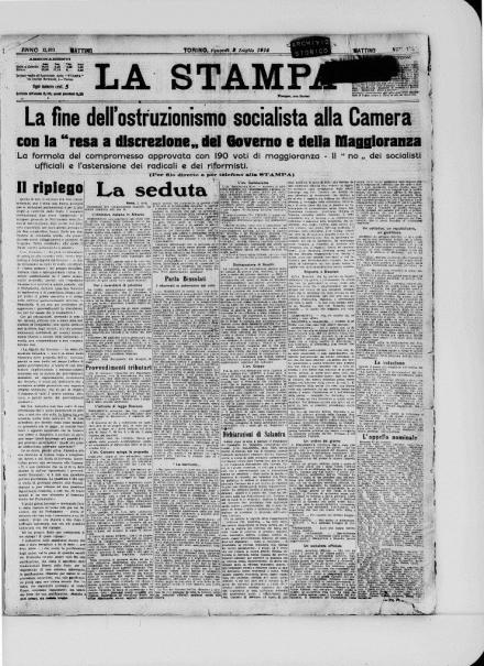 La prima pagina de La Stampa del 3 luglio 1914