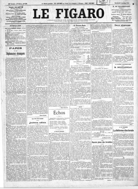 La prima pagina de Le Figaro del 3 luglio 1914