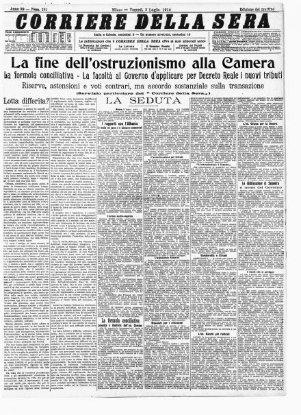 La prima pagina del Corriere della Sera del 3 luglio 1914