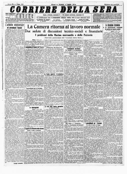 La prima pagina del Corriere della Sera del 4 luglio 1914