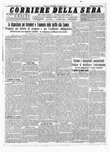 La prima pagina del Corriere della Sera del 5 luglio 1914