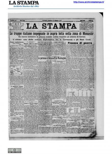 La prima pagina de La Stampa del 16 febbraio 1917