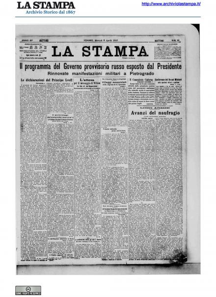 La prima pagina de La Stampa del 3 aprile 1917