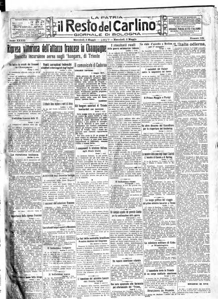 La prima pagina de Il Resto del Carlino del 2 maggio 1917