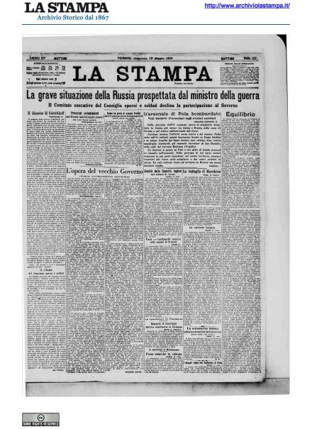 La prima pagina de La Stampa del 13 maggio 1917