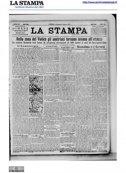 La prima pagina de La Stampa del 3 giugno 1917