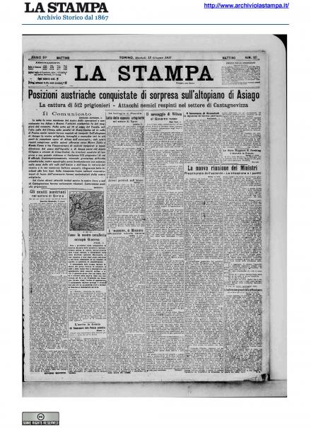 La prima pagina de La Stampa del 12 giugno 1917