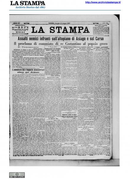 La prima pagina de La Stampa del 15 giugno 1917