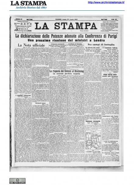 La prima pagina de La Stampa del 28 luglio 1917
