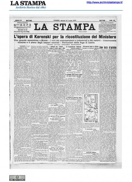La prima pagina de La Stampa del 31 luglio 1917