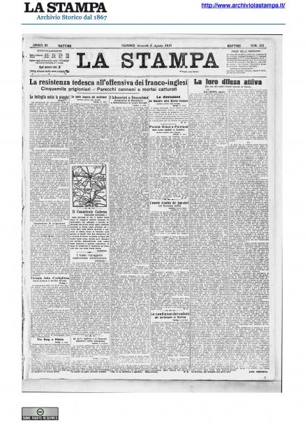 La prima pagina de La Stampa del 3 agosto 1917