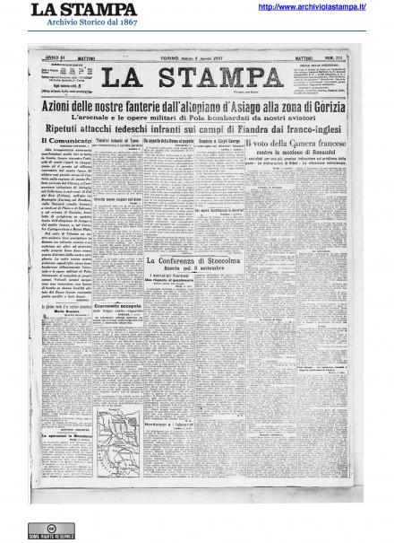 La prima pagina de La Stampa del 4 agosto 1917