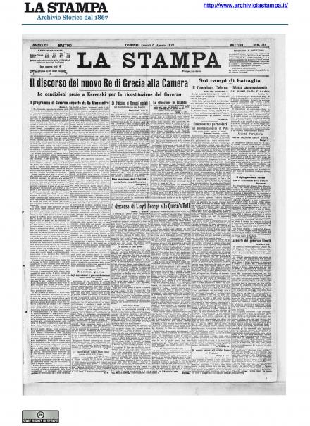 La prima pagina de La Stampa del 6 agosto 1917