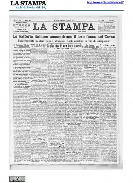 La prima pagina de La Stampa del 9 agosto 1917