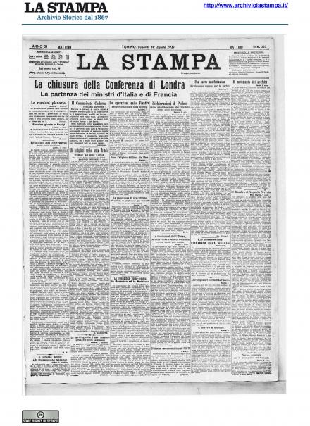 La prima pagina de La Stampa del 10 agosto 1917