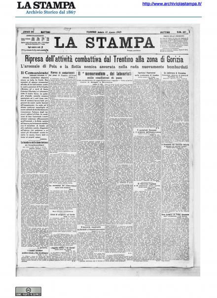 La prima pagina de La Stampa del 11 agosto 1917