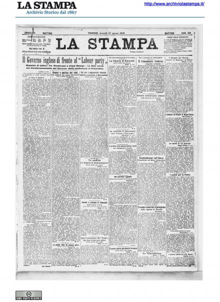 La prima pagina de La Stampa del 13 agosto 1917