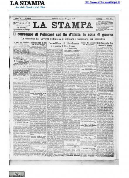 La prima pagina de La Stampa del 15 agosto 1917