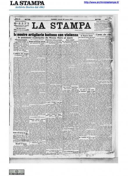 La prima pagina de La Stampa del 20 agosto 1917