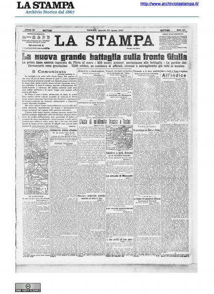 La prima pagina de La Stampa del 21 agosto 1917
