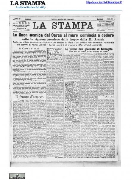 La prima pagina de La Stampa del 22 agosto 1917