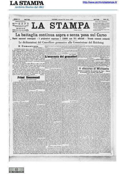 La prima pagina de La Stampa del 23 agosto 1917