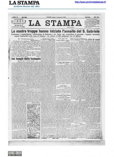 La prima pagina de La Stampa del primo settembre 1917