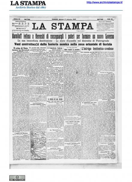 La prima pagina de La Stampa del 11 settembre 1917