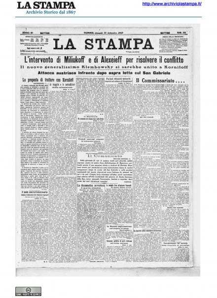 La prima pagina de La Stampa del 13 settembre 1917