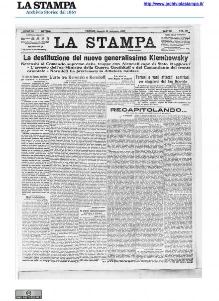 La prima pagina de La Stampa del 14 settembre 1917