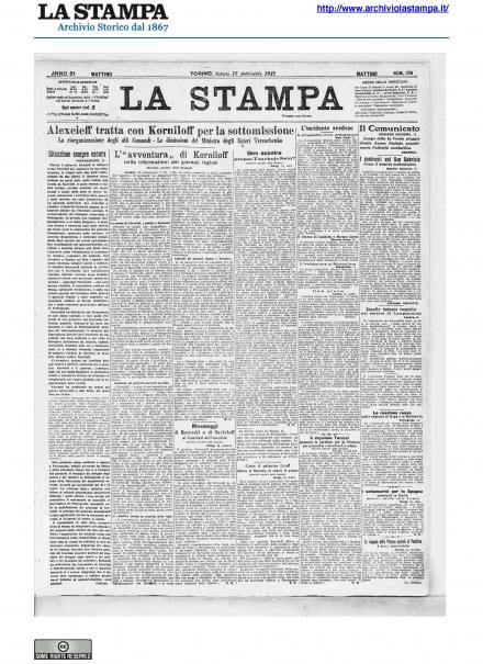 La prima pagina de La Stampa del 15 settembre 1917