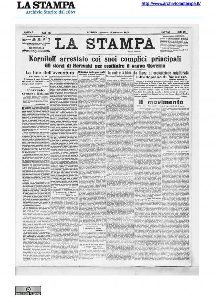 La prima pagina de La Stampa del 16 settembre 1917