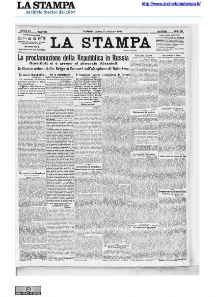 La prima pagina de La Stampa del 17 settembre 1917