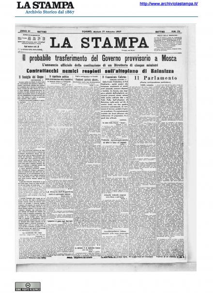 La prima pagina de La Stampa del 18 settembre 1917