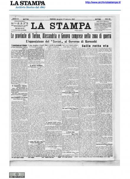 La prima pagina de La Stampa del 19 settembre 1917